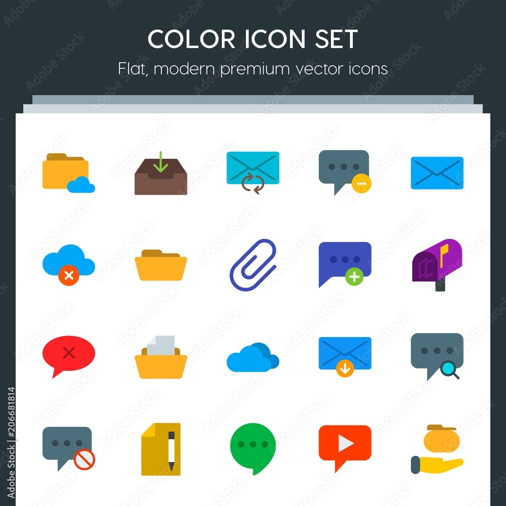 Poster modern simple set of cloud and networking, chat and messenger, folder, email vector flat icons. cont