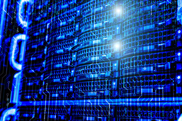 information technology and big data concept, data center disk storage with binary code and circuit board background