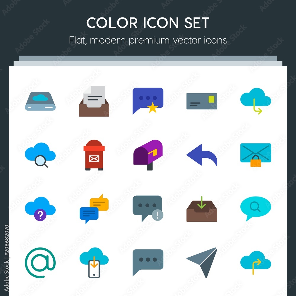 Poster modern simple set of cloud and networking, chat and messenger, folder, email vector flat icons. cont