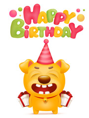 Happy Birthday card template with yellow emoji dog cartoon character