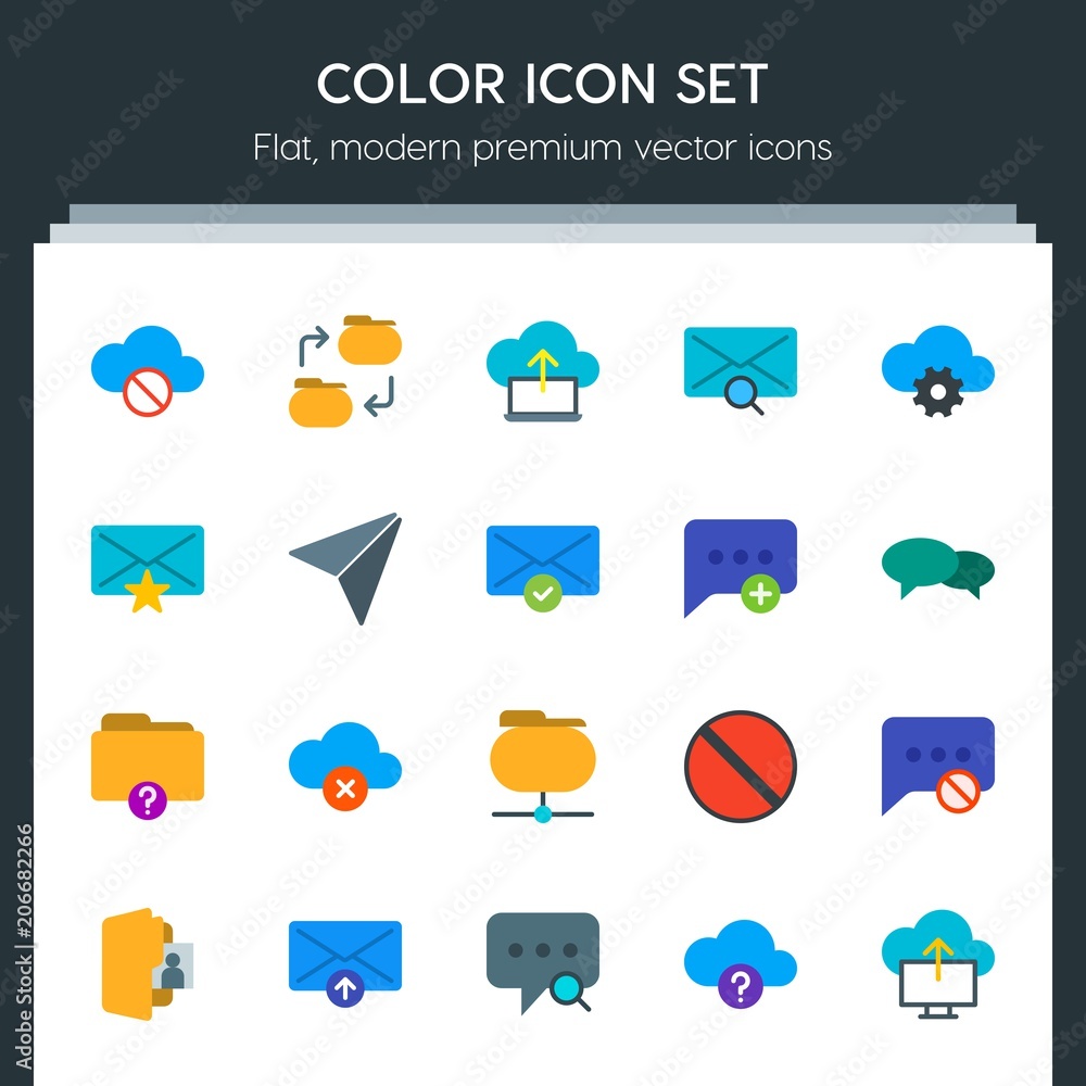 Poster modern simple set of cloud and networking, chat and messenger, folder, email vector flat icons. cont