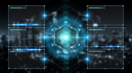 Digital screens interface with holograms datas 3D rendering