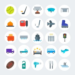 Modern Simple Set of transports, hotel, sports Vector flat Icons. Contains such Icons as  rugby,  plane,  air,  style,  sport,  pool and more on white cricle background. Fully Editable. Pixel Perfect.