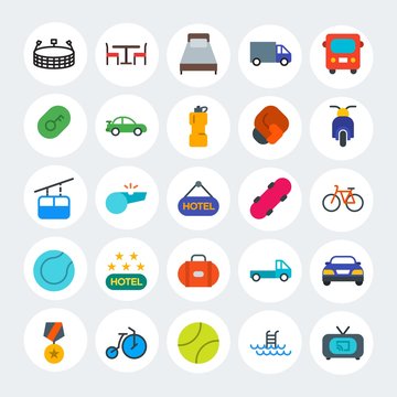 Modern Simple Set of transports, hotel, sports Vector flat Icons. Contains such Icons as  swimming,  pool,  field,  equipment, medal and more on white cricle background. Fully Editable. Pixel Perfect.