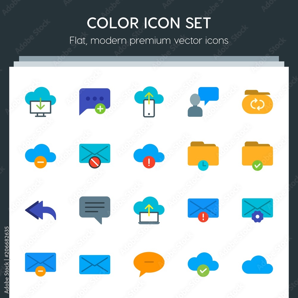 Poster modern simple set of cloud and networking, chat and messenger, folder, email vector flat icons. cont