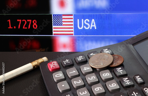 Coin Of United Stage America On Calculator And Pencil Black Coin Of United Stage America On Calculator And Pencil Black Floor With Digital Board