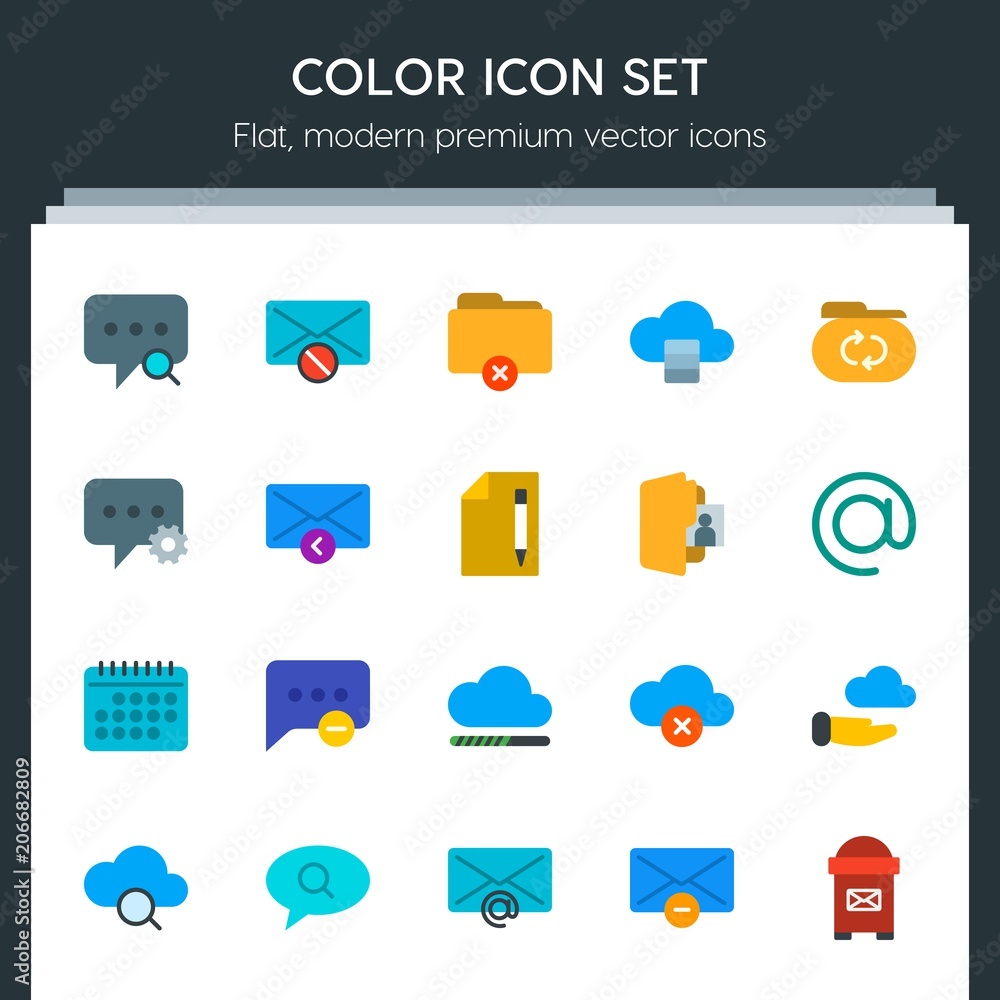Poster modern simple set of cloud and networking, chat and messenger, folder, email vector flat icons. cont