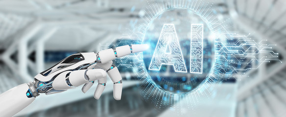 White humanoid hand using digital artificial intelligence icon hologram 3D rendering