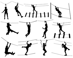 Extreme sportsman took down with rope. Man climbing vector silhouette illustration, isolated on white. Sport weekend zipline action in adventure park rope ladder. Ropeway for fun, team building.