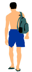 Handsome man go to the beach vector. Boy with backpack walking and sunbathing, back view. Sunny day recreation. Man in shorts and thongs slippers go to swim. Lifeguard on beach and pool, watching.