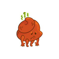 Cheerfu brown poop character with legs and arms standing dissatisfied, tired with unhappy sad facial expression. Funny smilling crap or shit excrement smiling. Vector flat isolated illustration.