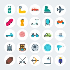 Modern Simple Set of transports, hotel, sports Vector flat Icons. Contains such Icons as  knight,  motel, car,  blow, bodybuilder and more on white cricle background. Fully Editable. Pixel Perfect.