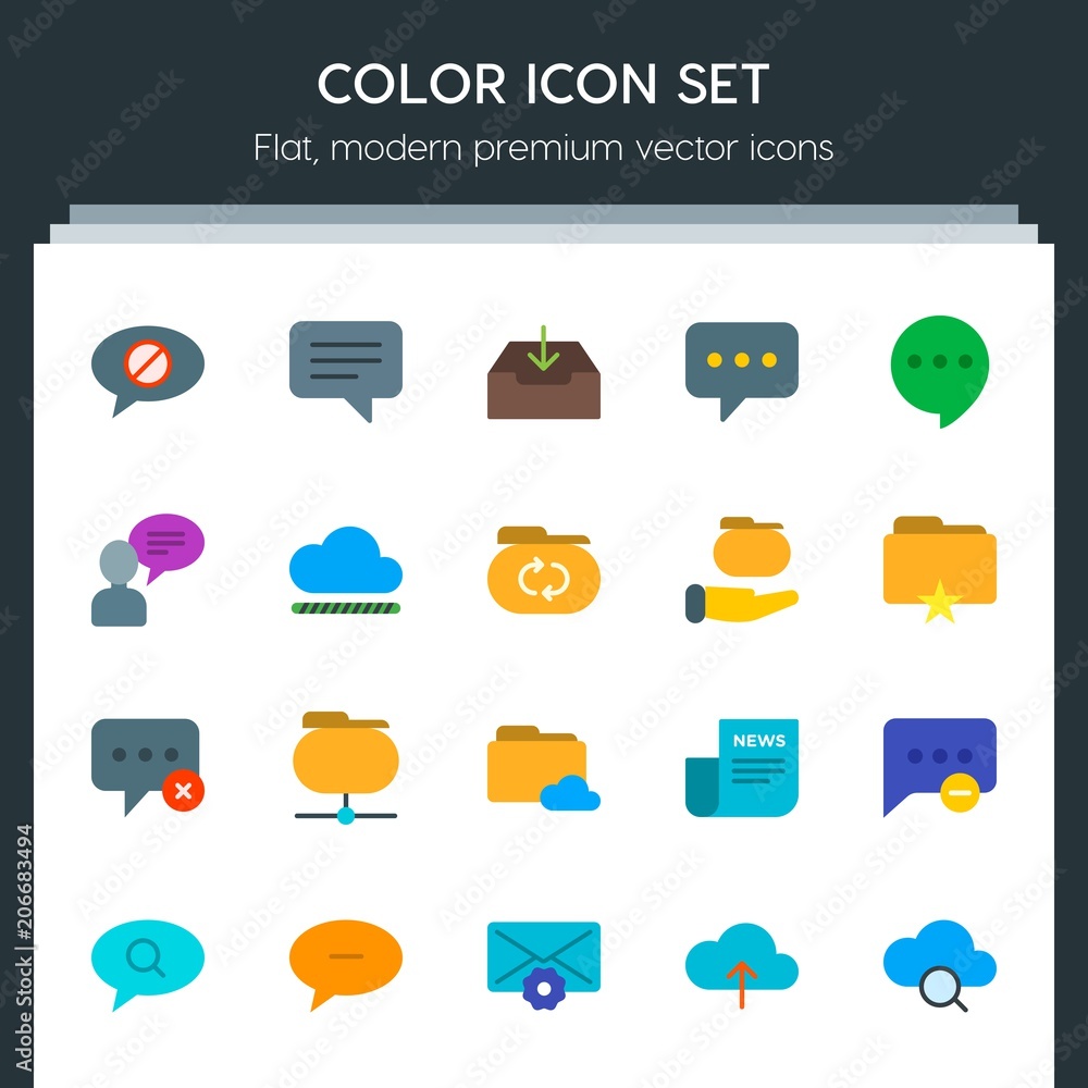 Poster modern simple set of cloud and networking, chat and messenger, folder, email vector flat icons. cont