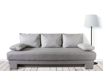 Modern couch and standard lamp, interior decor mock up