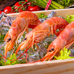 cooked argentine red prawns with salad on the ice