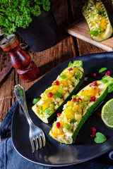 grilled zucchini stuffed with sheep's cheese and paprika.