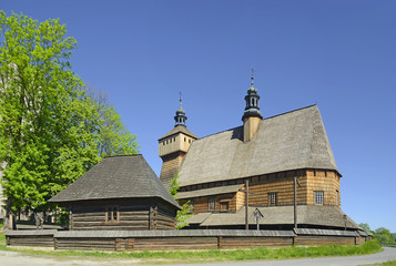 Church of the Blessed Virgin Mary and Archangel Michael in Haczow - largest wooden Gothic church in Europe and the oldest wooden church in Poland. UNESCO World Heritage - obrazy, fototapety, plakaty