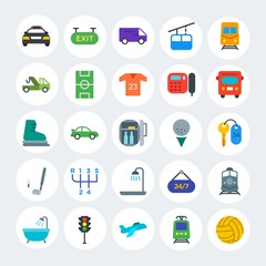 Modern Simple Set of transports, hotel, sports Vector flat Icons. Contains such Icons as ball,  car,  play, traffic,  safety,  open and more on white cricle background. Fully Editable. Pixel Perfect.