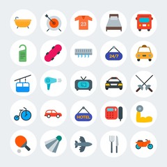 Modern Simple Set of transports, hotel, sports Vector flat Icons. Contains such Icons as  fashion, air,  knife,  speed,  sport,  fit and more on white cricle background. Fully Editable. Pixel Perfect.