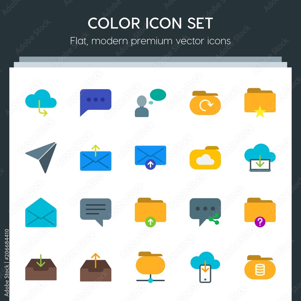 Poster modern simple set of cloud and networking, chat and messenger, folder, email vector flat icons. cont