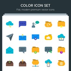 Modern Simple Set of cloud and networking, chat and messenger, folder, email Vector flat Icons. Contains such Icons as people,  network, send and more on dark background. Fully Editable. Pixel Perfect