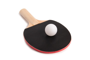 Wooden ping-pong racket and ball on white background