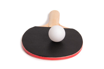 Wooden ping-pong racket and ball on white background