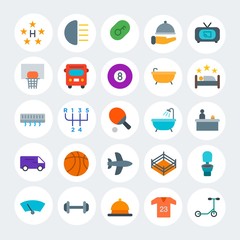 Modern Simple Set of transports, hotel, sports Vector flat Icons. Contains such Icons as  speed,  toilet,  glass,  windshield,  door and more on white cricle background. Fully Editable. Pixel Perfect.