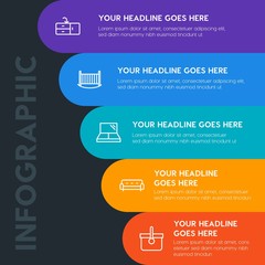 Flat furniture, housekeeping, beauty and cosmetics infographic steps template with 5 options for presentations, advertising, annual reports.