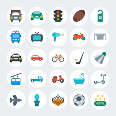 Modern Simple Set of transports, hotel, sports Vector flat Icons. Contains such Icons as  empty,  transport,  ball,  auto, soccer and more on white cricle background. Fully Editable. Pixel Perfect.