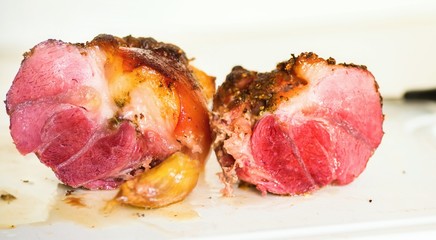 Cut baked pork meat.