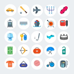 Modern Simple Set of transports, hotel, sports Vector flat Icons. Contains such Icons as  ball, air,  fashion, circus,  refrigerator and more on white cricle background. Fully Editable. Pixel Perfect.