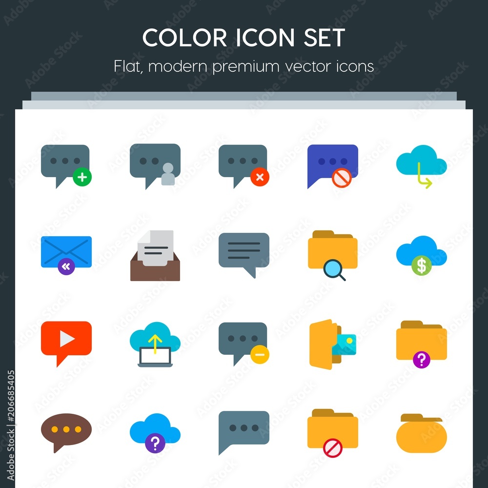 Poster modern simple set of cloud and networking, chat and messenger, folder, email vector flat icons. cont