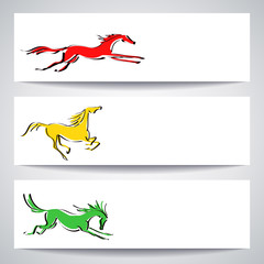 Galloping colorful horses card or banner set. Hand drawing background with line art cartoon hand drawn. Vector template or concept blank with equestrian Japanese style. Horse race or competition.