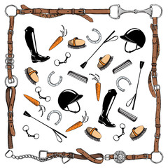Horse equestrian riding tack tool in leather belt bridle frame on white. Vector bit, whip, brush, horse shoe, riding boot, snaffle. Equine cartoon hand drawing background.