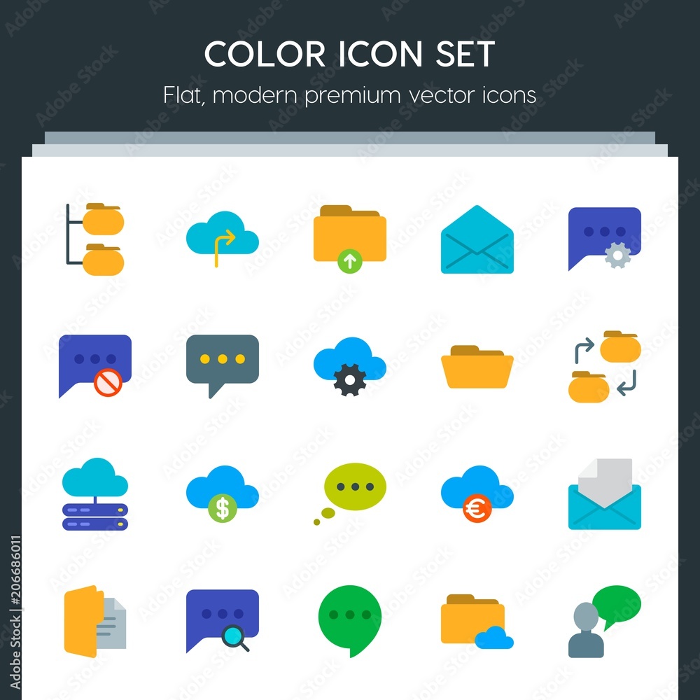 Poster modern simple set of cloud and networking, chat and messenger, folder, email vector flat icons. cont