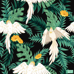 Seamless black pattern, white parrots. © Владимир Шерстнев