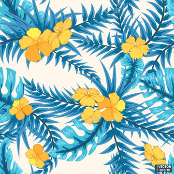 Blue tropical leaves, seamless pattern.