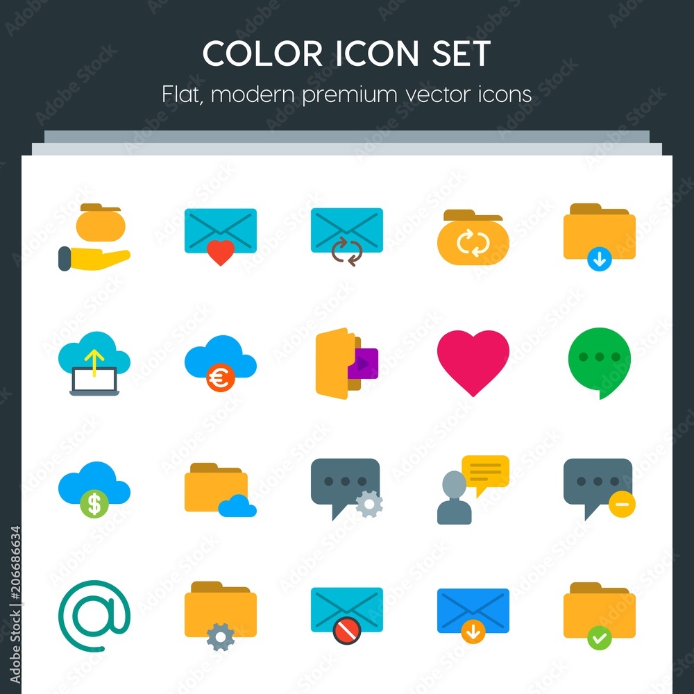 Poster modern simple set of cloud and networking, chat and messenger, folder, email vector flat icons. cont
