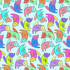 Kids seamless pattern with cute kawaii colorful cats. Bright fun texture with thoughtful tired color cartoon kitten for textile, wrapping paper, background, cover