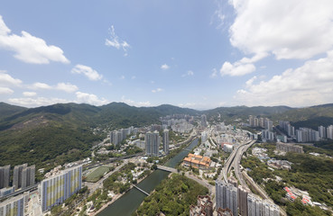 Aerial panarama view on Shatin, Tai Wan, Shing Mun River in Hong Kong