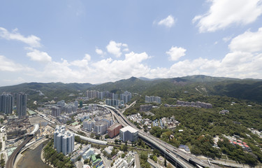 Aerial panarama view on Shatin, Tai Wan, Shing Mun River in Hong Kong