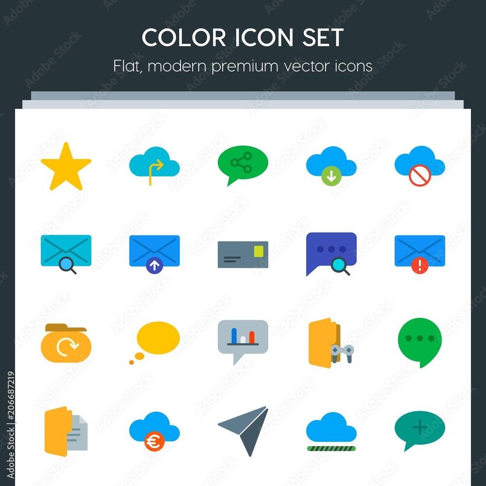 Poster modern simple set of cloud and networking, chat and messenger, folder, email vector flat icons. cont