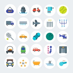 Modern Simple Set of transports, hotel, sports Vector flat Icons. Contains such Icons as  whistle,  spa,  blue, change,  soccer,  24 and more on white cricle background. Fully Editable. Pixel Perfect.