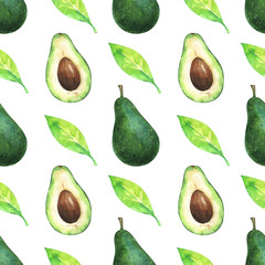 Hand painted minimalist seamless  pattern with watercolor slices and whole avocado and green leaf isolated on white background