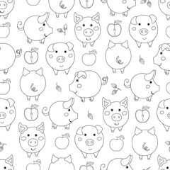 Seamless pattern with contour cartoon pigs, apples and acorns on white background.