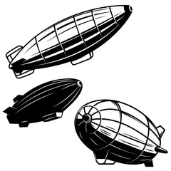 Naklejka premium Set of aerostat illustrations on white background. airships zeppelins. Design elements for logo, label, emblem, sign.