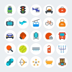 Modern Simple Set of transports, hotel, sports Vector flat Icons. Contains such Icons as  green,  weapon,  sky, bath,  travel,  spa and more on white cricle background. Fully Editable. Pixel Perfect.