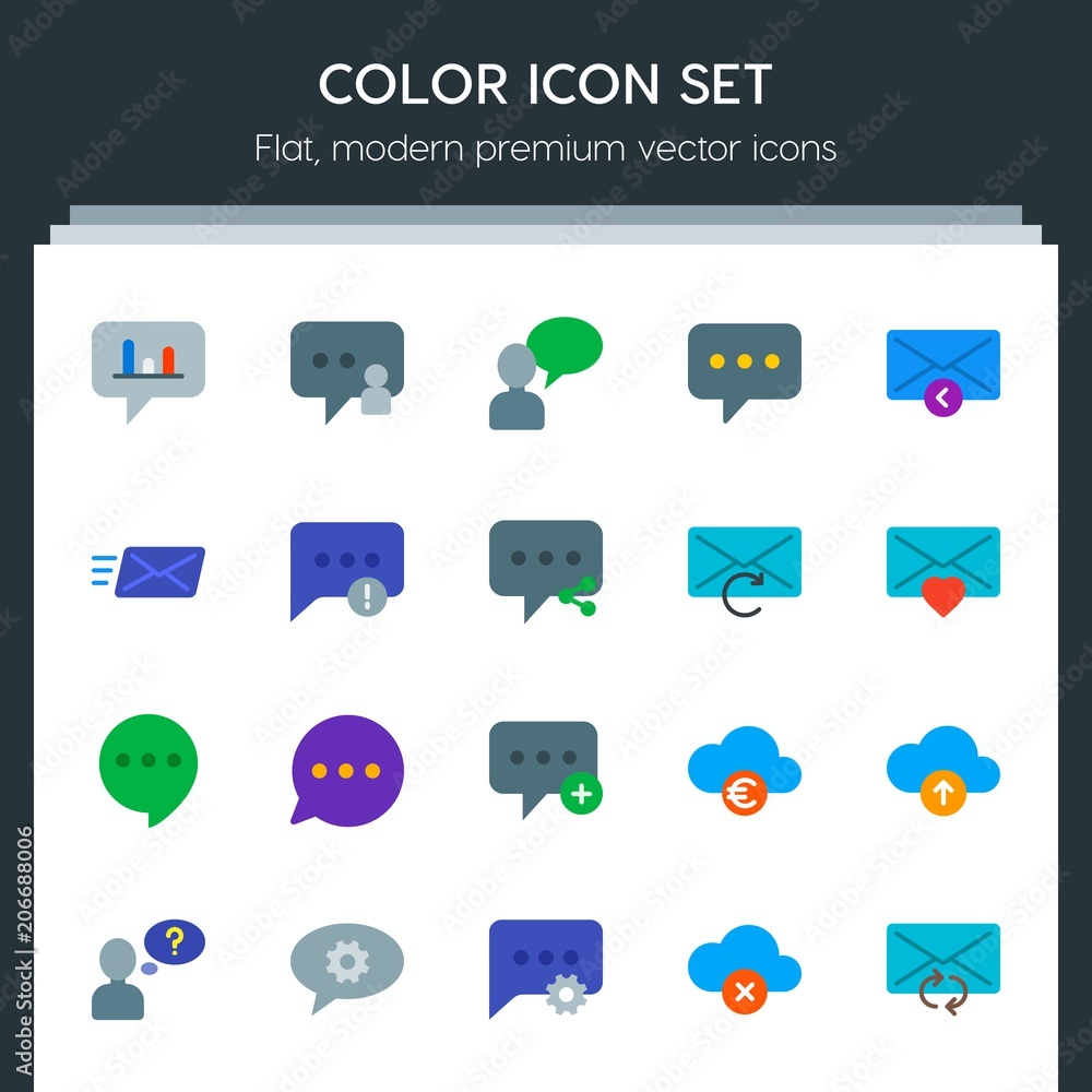 Poster modern simple set of cloud and networking, chat and messenger, folder, email vector flat icons. cont