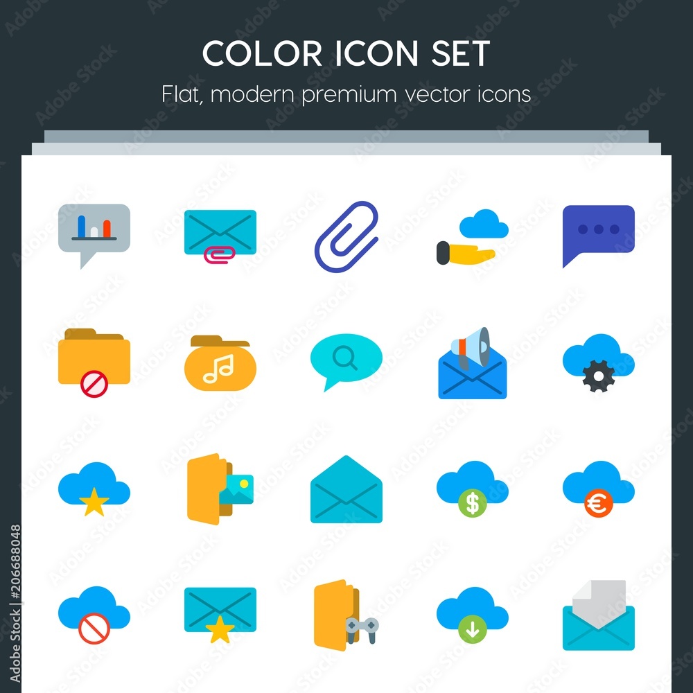 Poster modern simple set of cloud and networking, chat and messenger, folder, email vector flat icons. cont